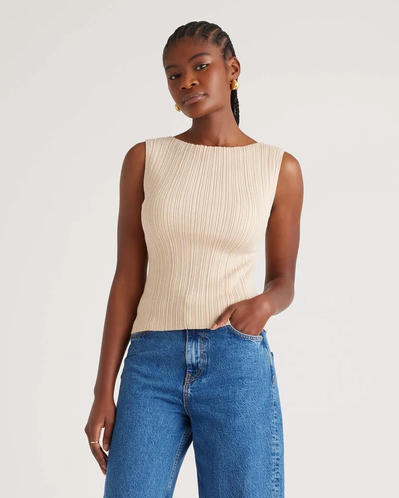 Cotton Cashmere Ribbed Tank in Heather Oatmeal