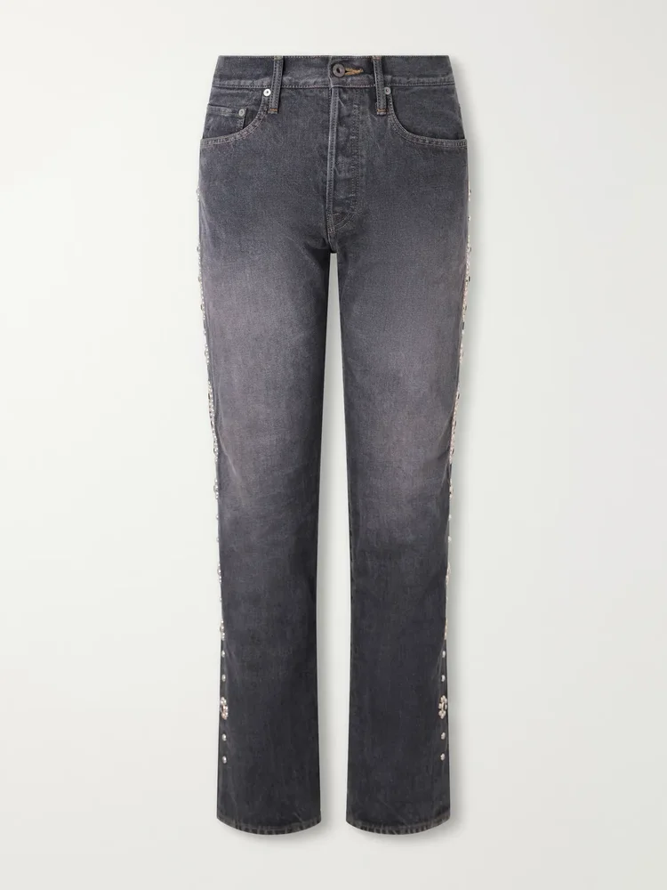 Monkey Cisco Straight-Leg Leather-Trimmed Embellished Jeans