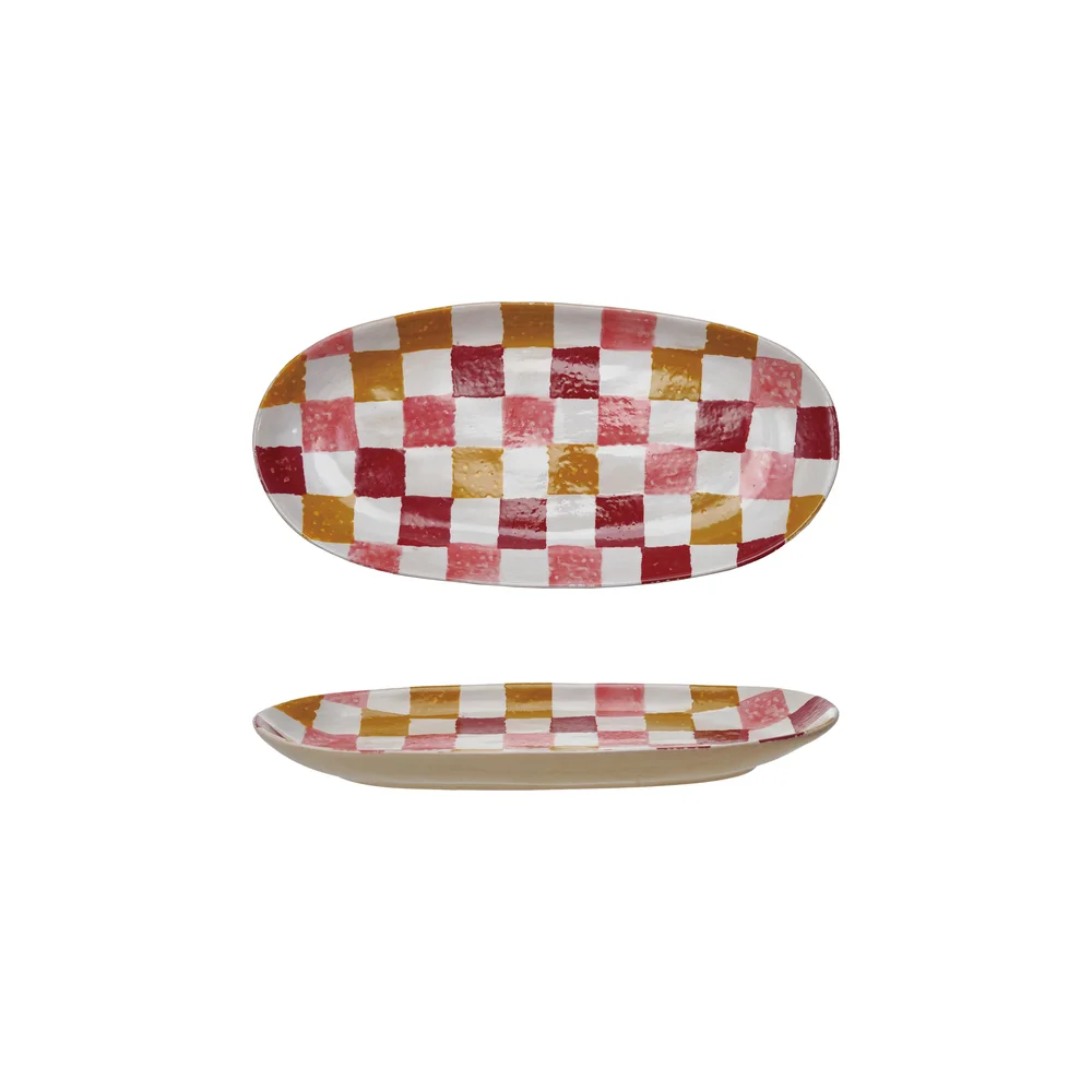 15-3/4 Inch Oval Stoneware Platter With Checkered Pattern
