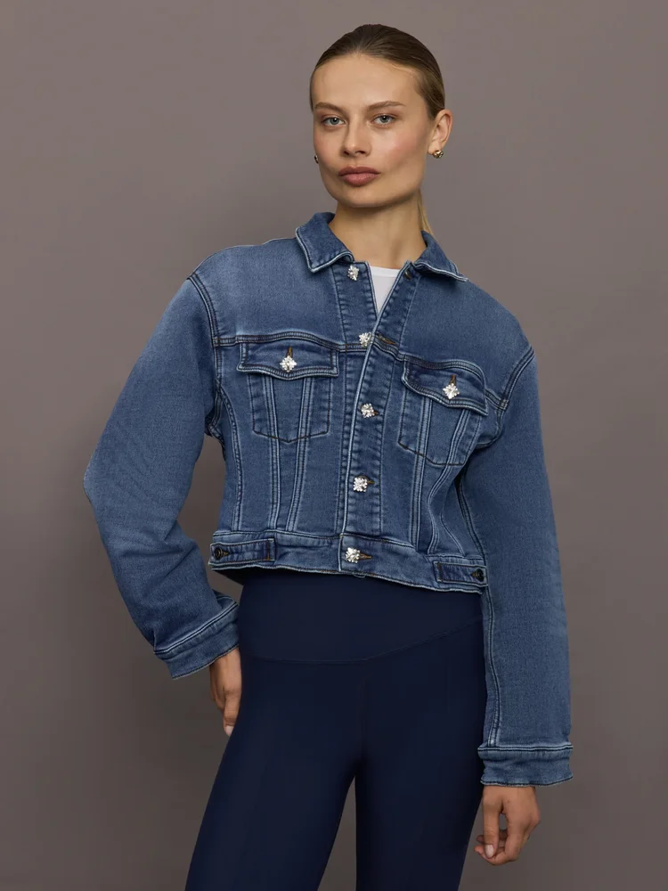 Jeweled Cropped Denim Jacket - Dark Wash