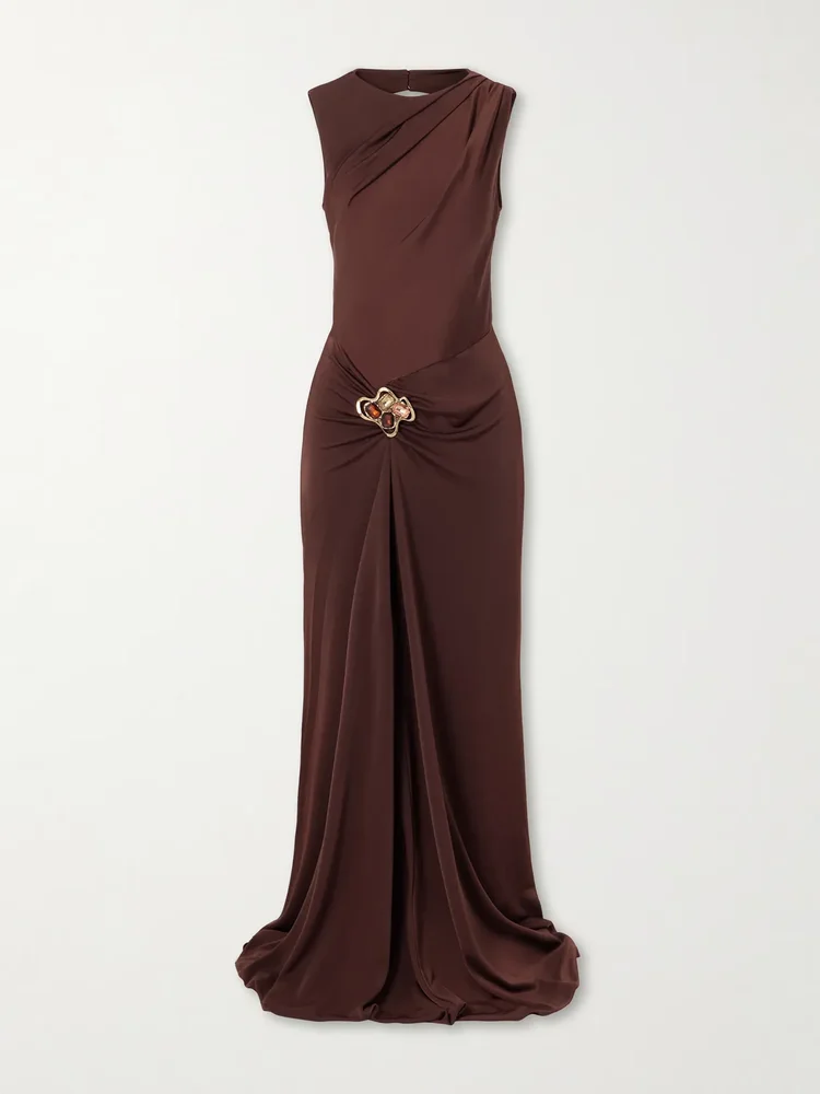 Hazine Open-Back Ruched Embellished Jersey Gown