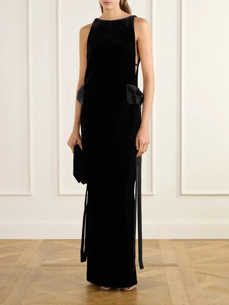 Bow-detailed embellished velvet maxi dress
