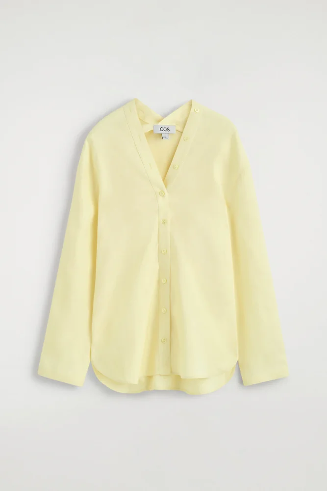 Button-detail Linen V-neck Shirt