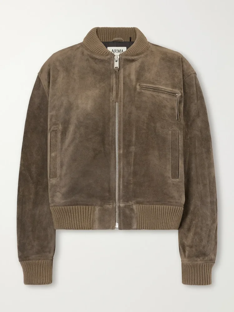 Elysia rib-trimmed suede bomber jacket