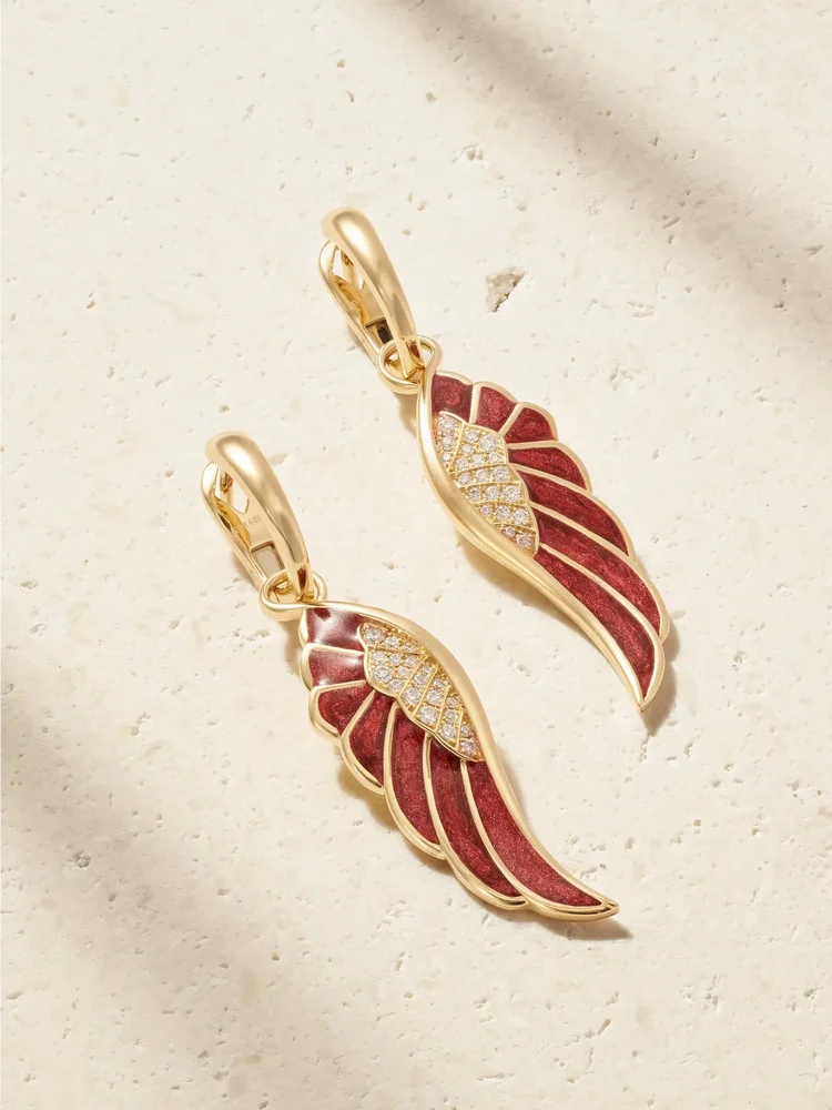 Wings 14-karat gold, enamel and diamond earrings