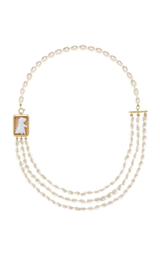 Cameo Dino Multi Perla 9K Yellow Gold Carnelian Shell Pearls Necklace