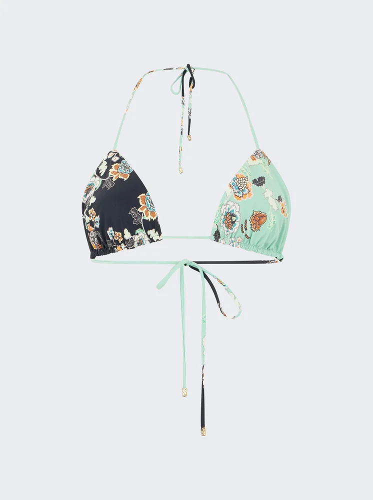 Kimono Print Bikini Top Green and Black