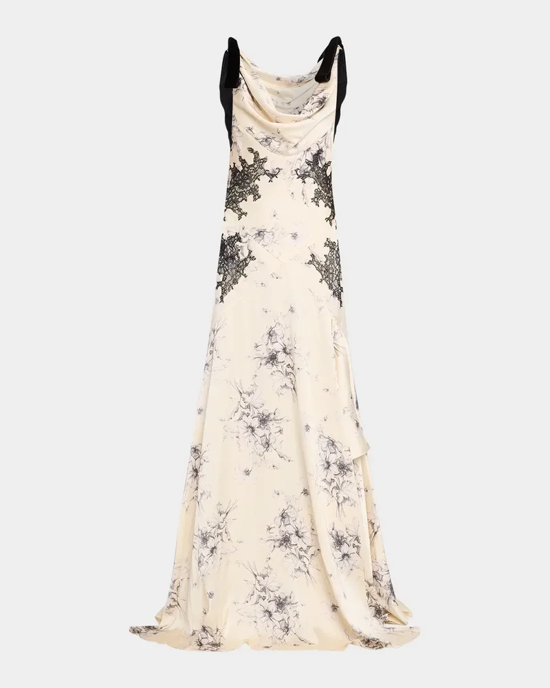 Hand-Sketched Floral Cowl-Neck Gown