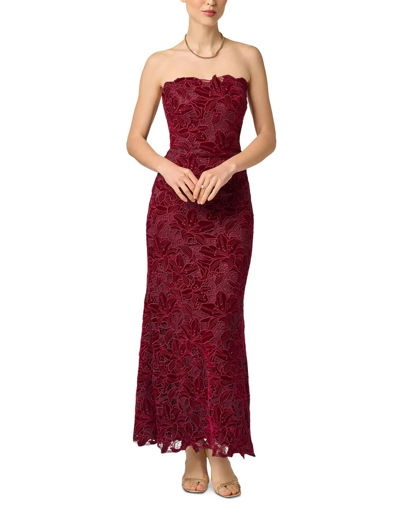 Strapless Velvet & Lace Trim Gown
