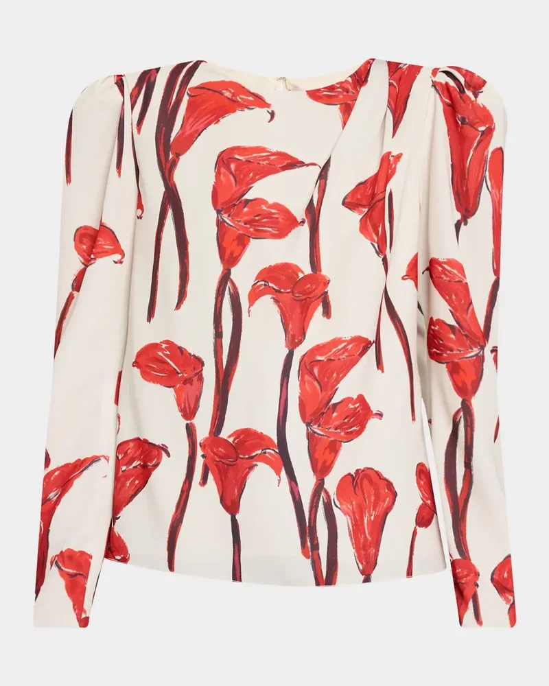 Cala Lily Crepe Draped-Sleeve Blouse