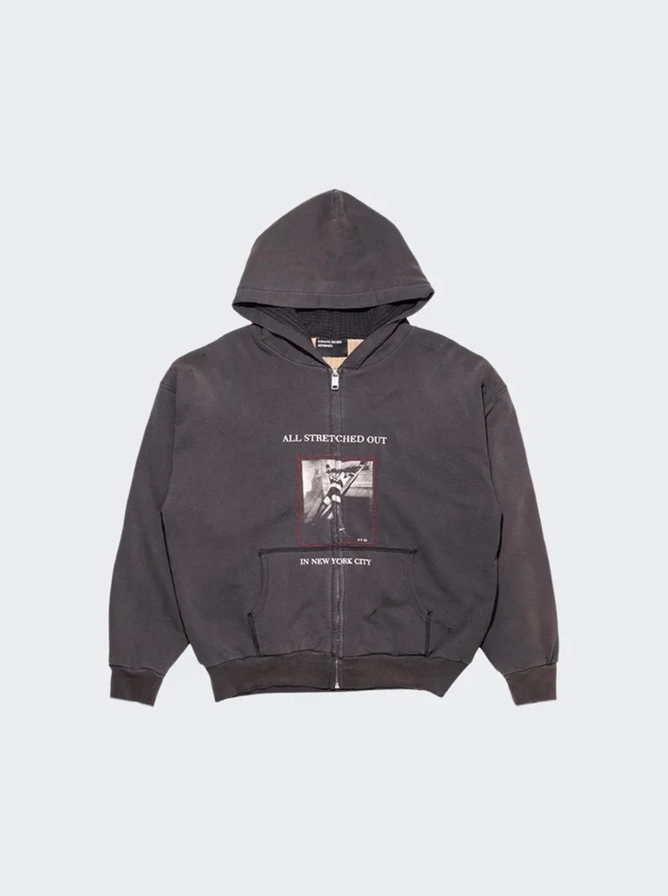 Streched Out Thermal Lined Zip Up Hoodie WASHED BLACK