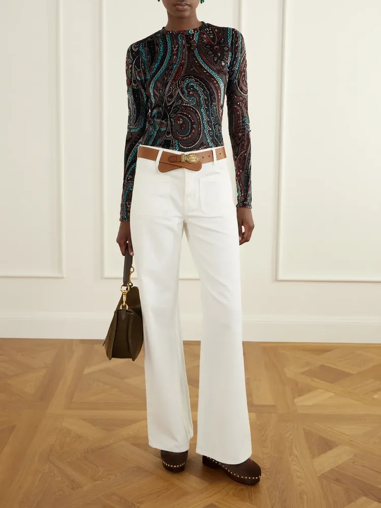 Printed velvet-trimmed mesh blouse