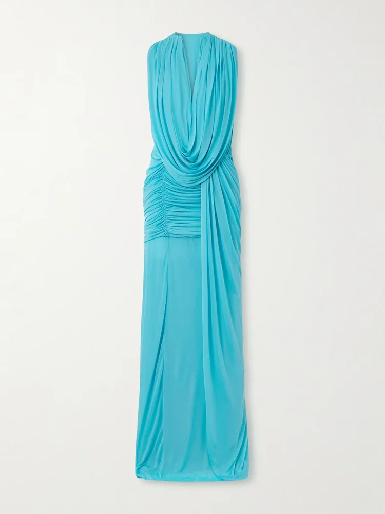 Ripple draped ruched mesh gown
