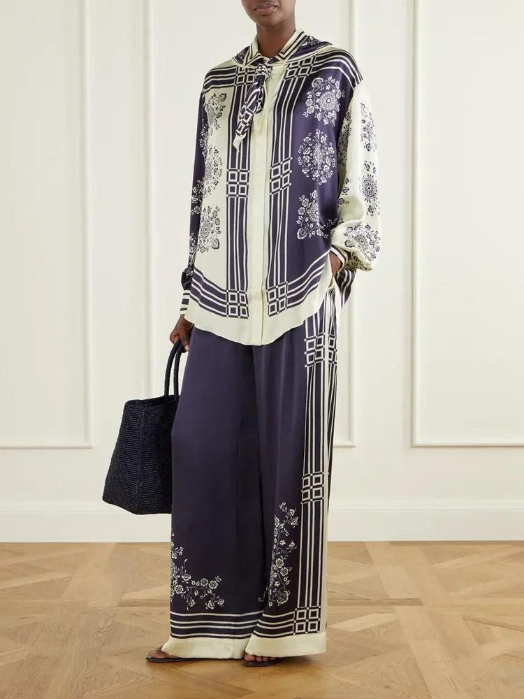 Banderra scarf-detailed printed silk-satin shirt
