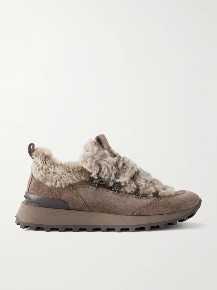 bead embellished shearling trimmed suede sneakers
