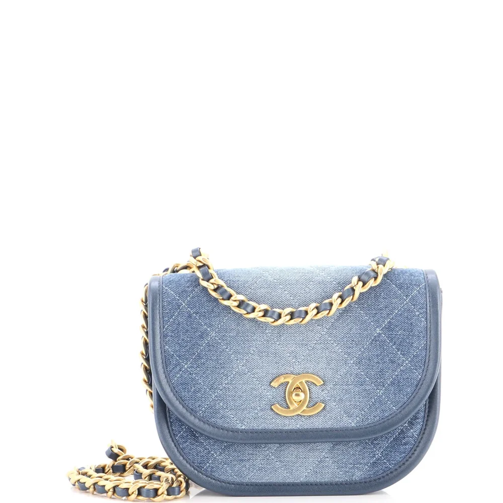 Chanel CC Turnlock Round Flap Bag Quilted Denim Small