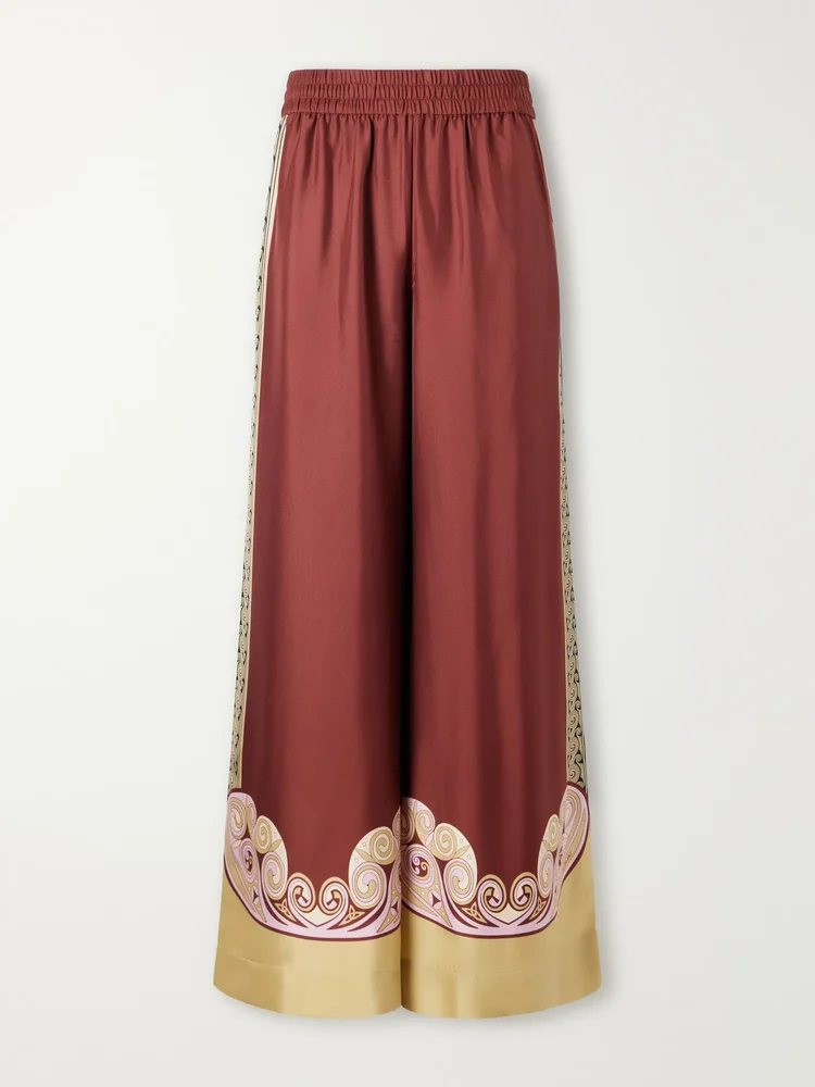 Palazzo printed silk-twill wide-leg pants