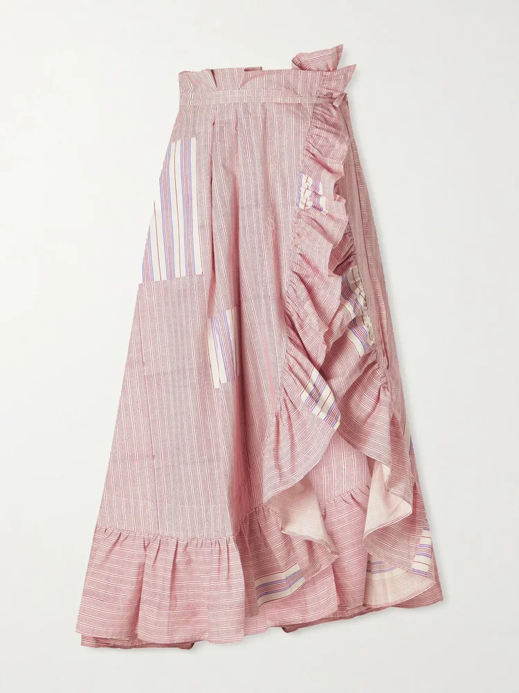 Tasha ruffled striped cotton-voile wrap midi skirt
