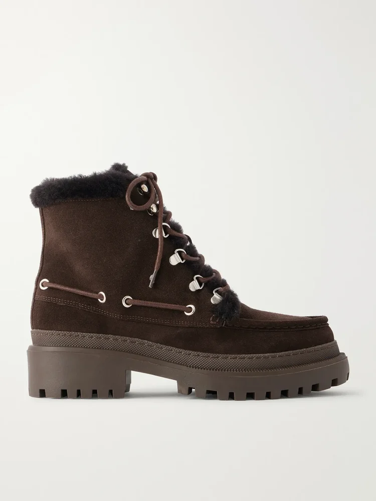 Eyelet-detailed brushed shearling-trimmed suede ankle boots