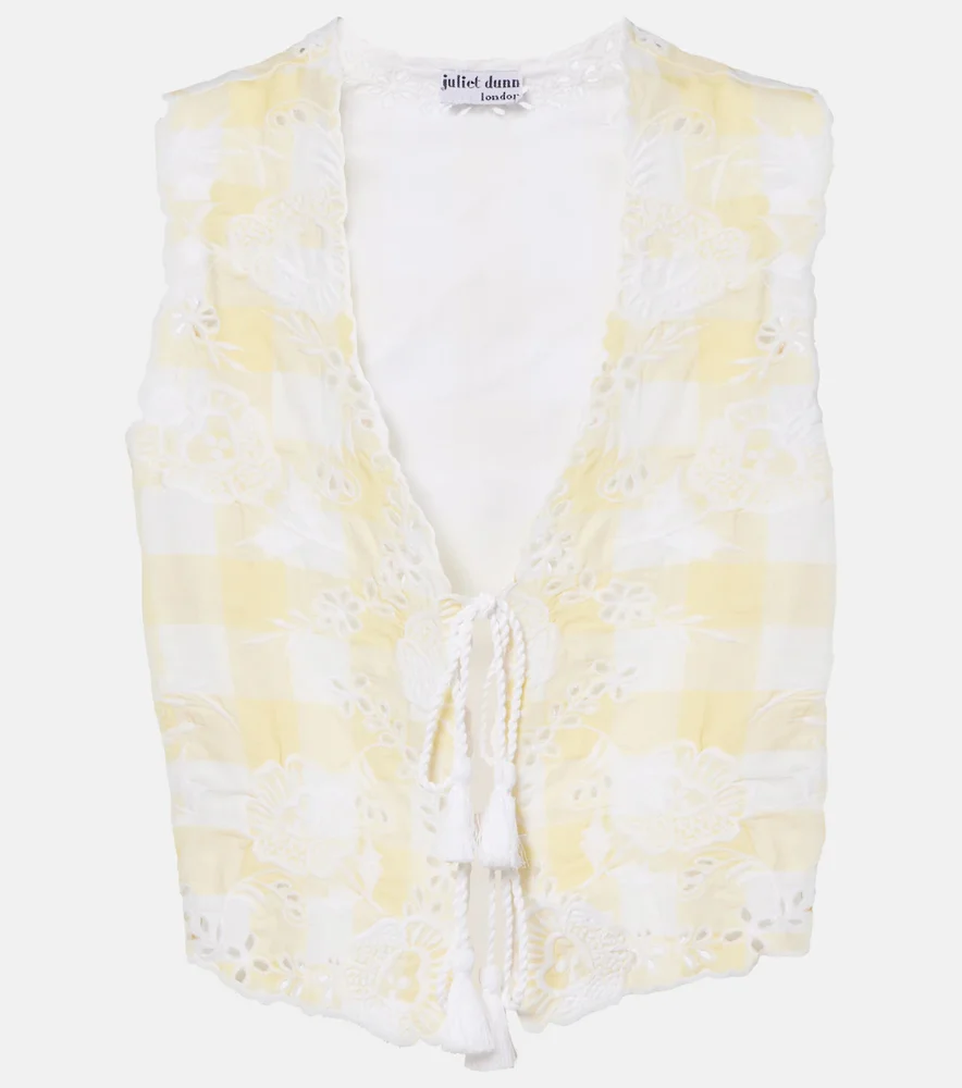 Embroidered checked cotton vest
