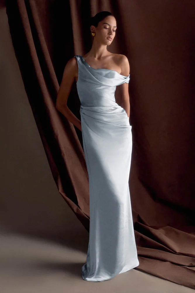 Meshki Dalia Off Shoulder Satin Maxi Dress - Frosted Blue