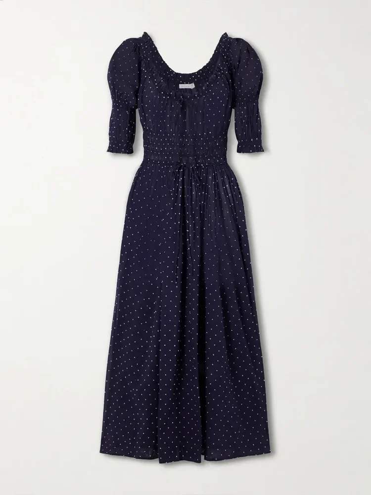 Ischia shirred polka-dot organic cotton-voile midi dress
