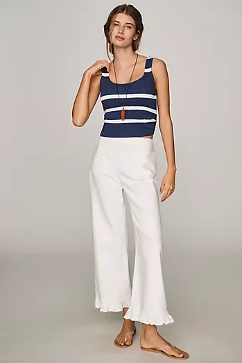 Maeve Colette Ruffle-Hem High-Rise Wide-Leg Cropped Jeans