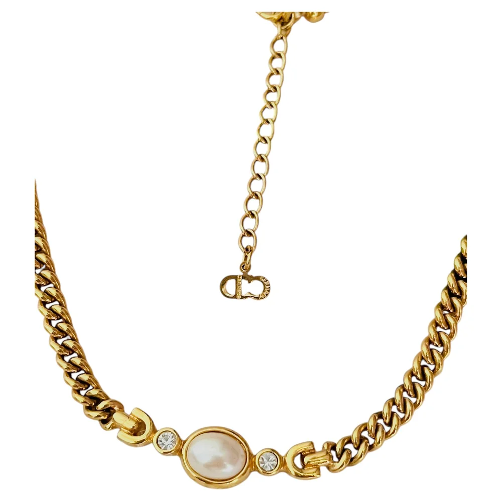 Pre-Owned Vintage White Pearl Oval Double Crystals Interlocked Necklace