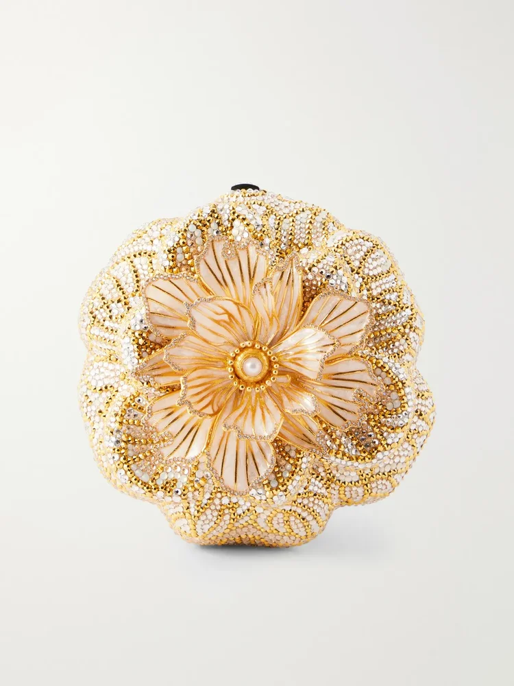 Magnolia crystal-embellished gold-tone clutch