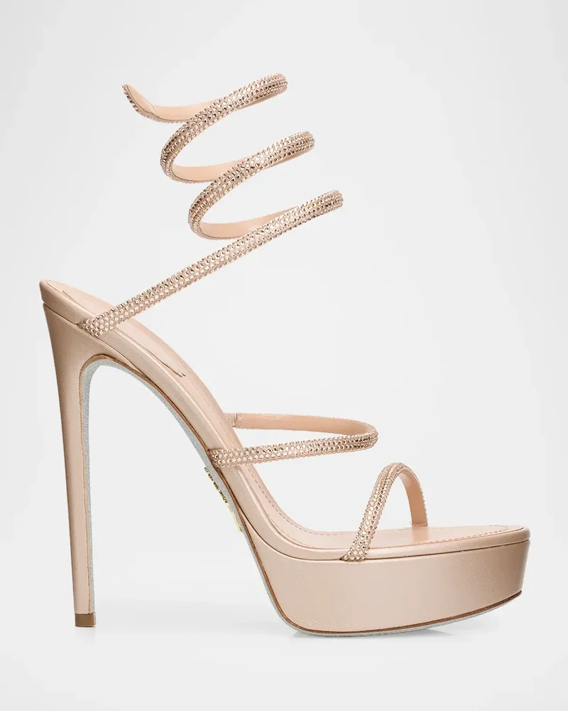 130mm Embellished Satin Platform Snake-Wrap Sandals