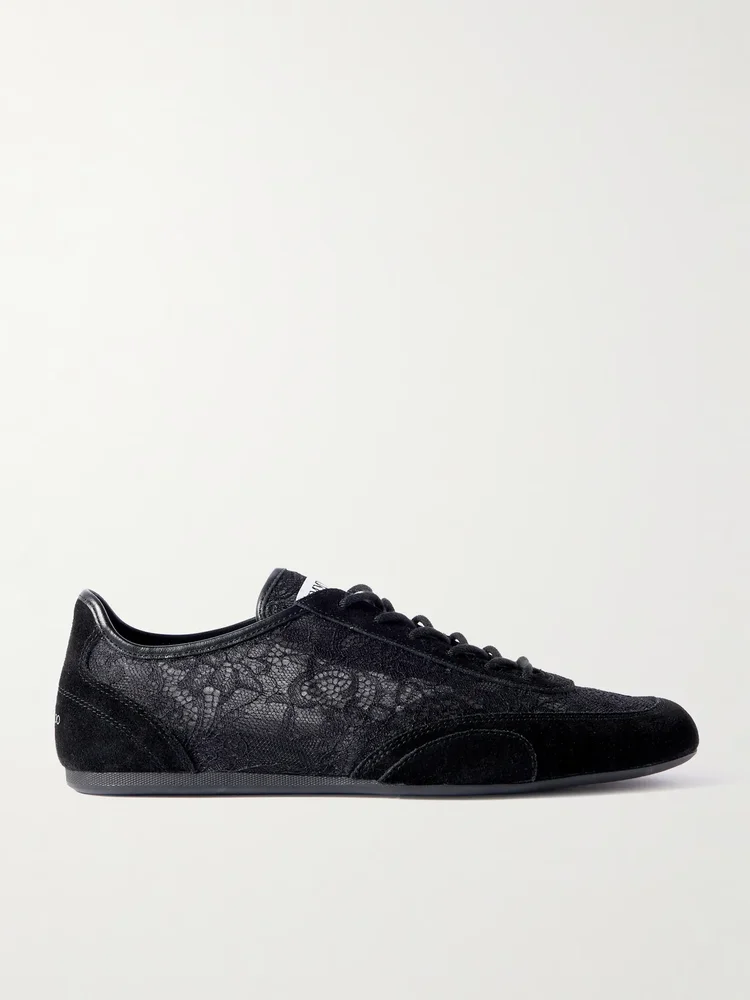 Sunny leather-trimmed suede and lace sneakers