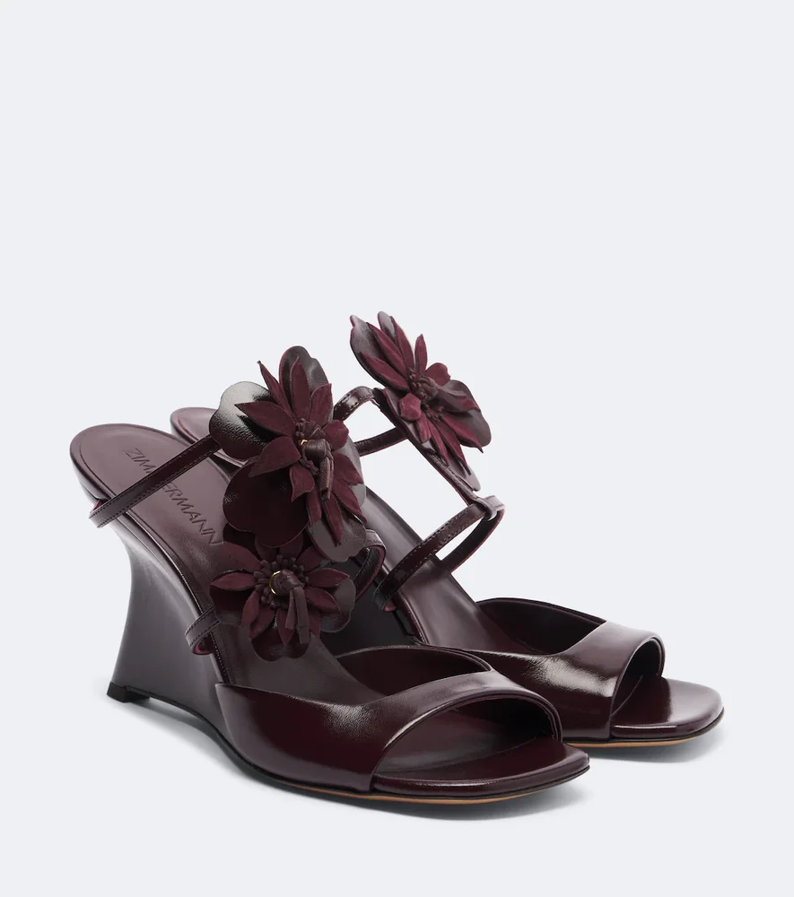 Belara Floral-Appliqué Leather Wedge Mules