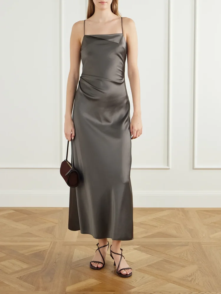Flipped Lapel draped satin midi dress