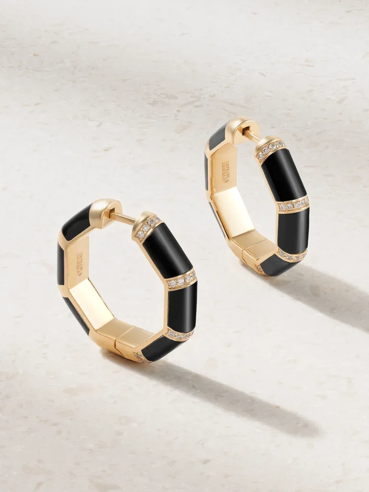 Bamboo 18-karat gold, onyx and diamond hoop earrings
