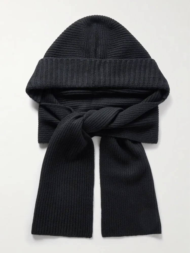 Hooded Ribbed Wool and Cashmere-Blend Snood, Black