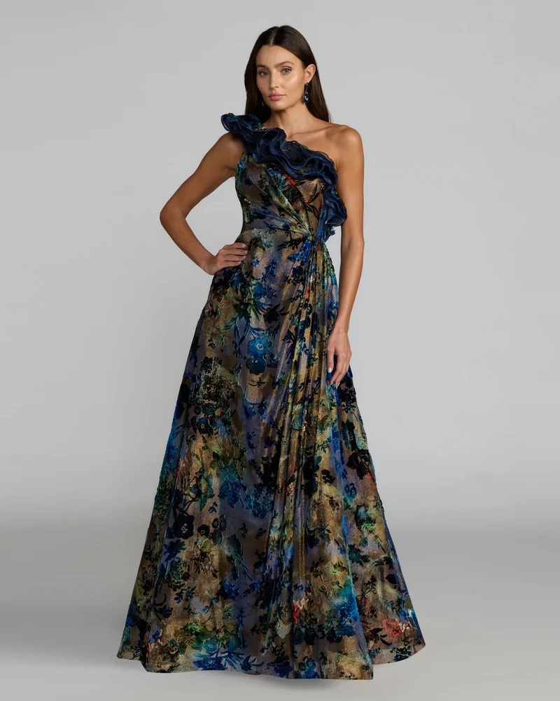 Black Multicolor One Shoulder Burnout Velvet Gown