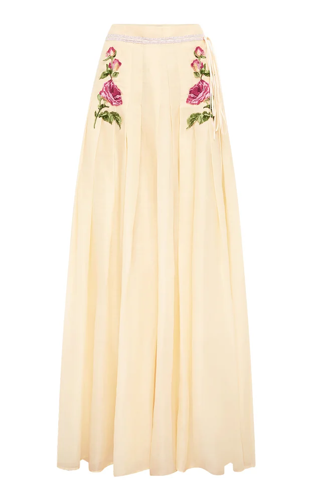 Juno Pleated Embroidered Wide-Leg Pants