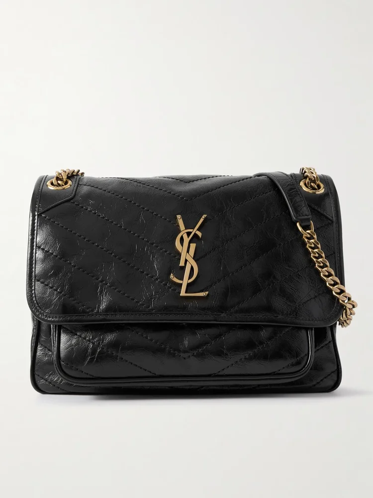 Niki medium Cassandre-embellished crinkled-leather shoulder bag