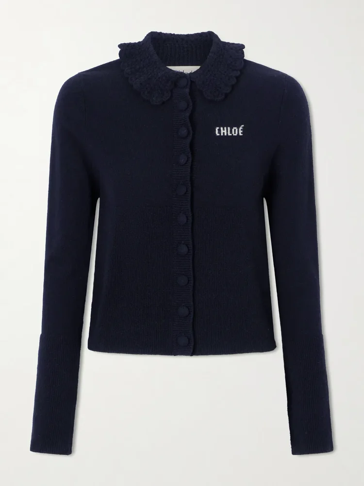 logo embroidered wool cardigan