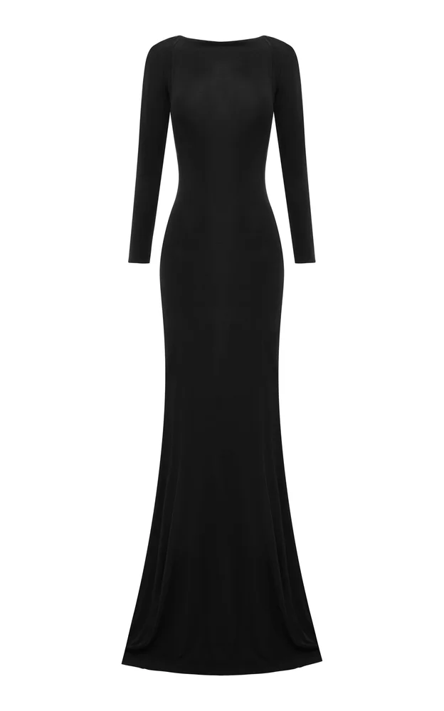 Long Sleeve Open Back Gown In Dry Jersey