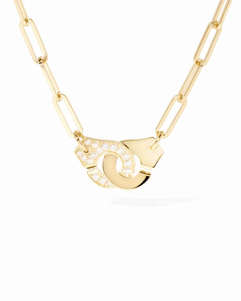 18K Yellow Gold Menottes Dinh Van Diamond Handcuff Open Paperclip Link Chain Pendant Necklace, 17.32"