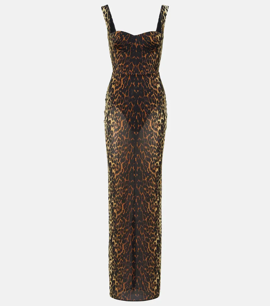 Leopard-print mesh gown