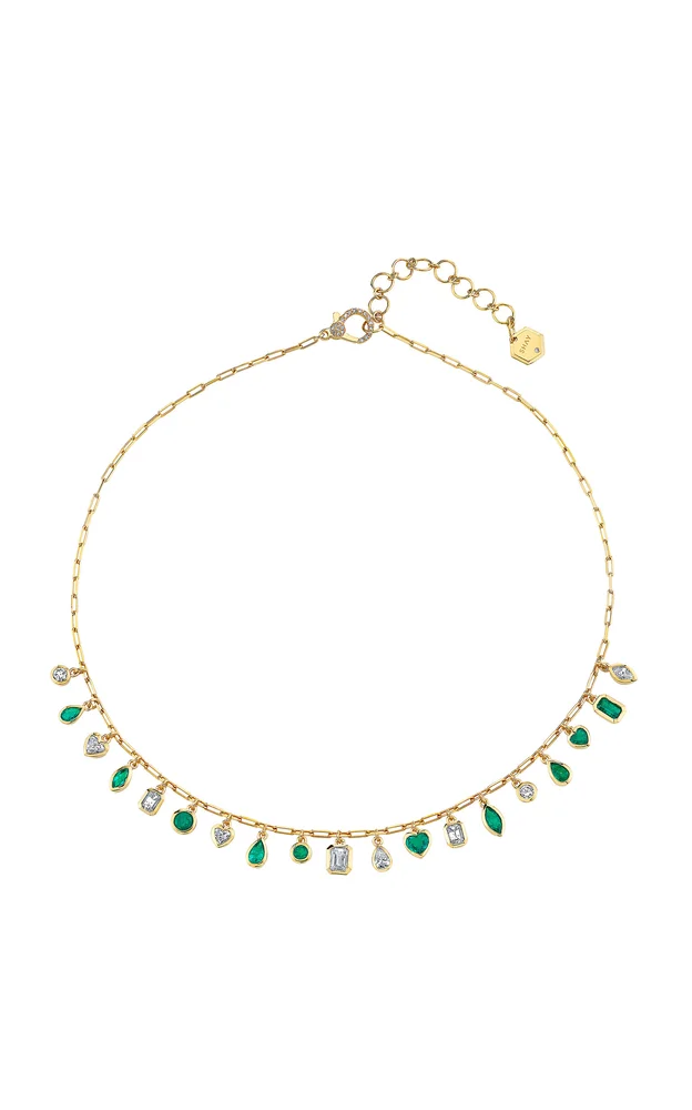 18K Yellow Gold Emerald, Diamond Drop Necklace