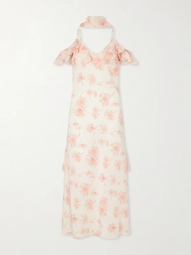 Daisy ruffled floral-print silk chiffon midi dress