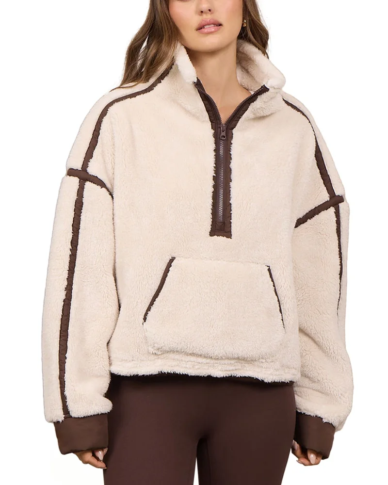 Contrast Binding Sherpa Quarter Zip Jacket