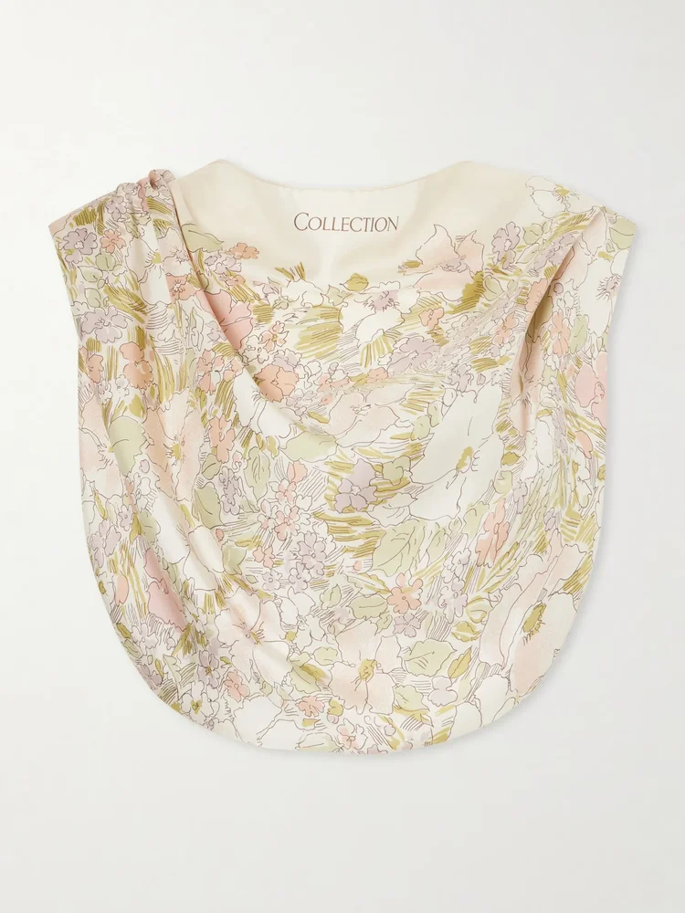 Floral-print silk cropped tank
