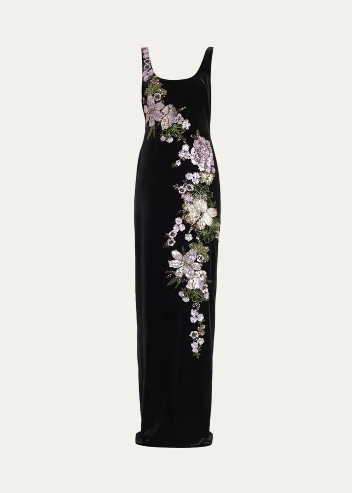 Sequin Floral Velvet Column Gown