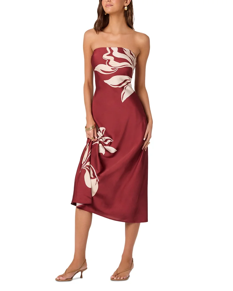 Strapless Oversized Floral Print Midi Dress