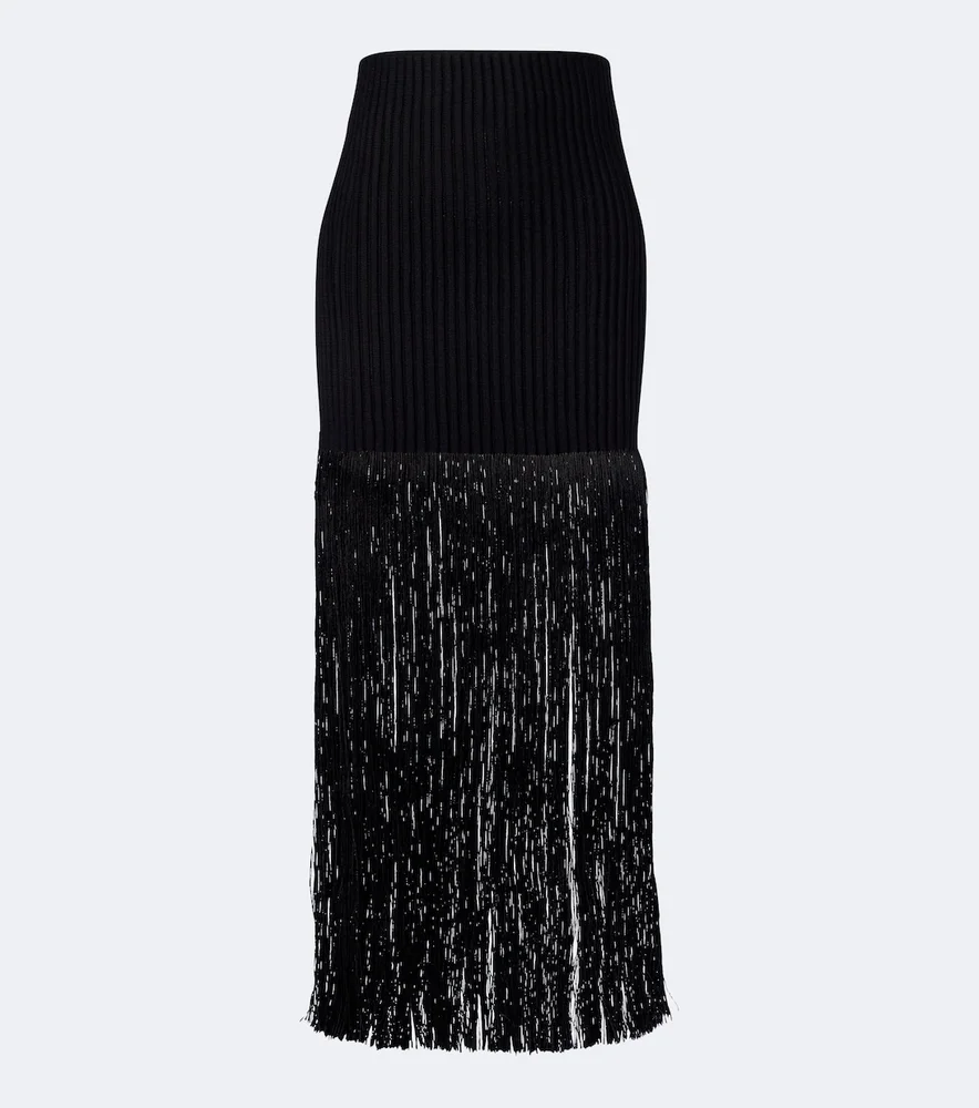 Fringed ribbed-knit skirt