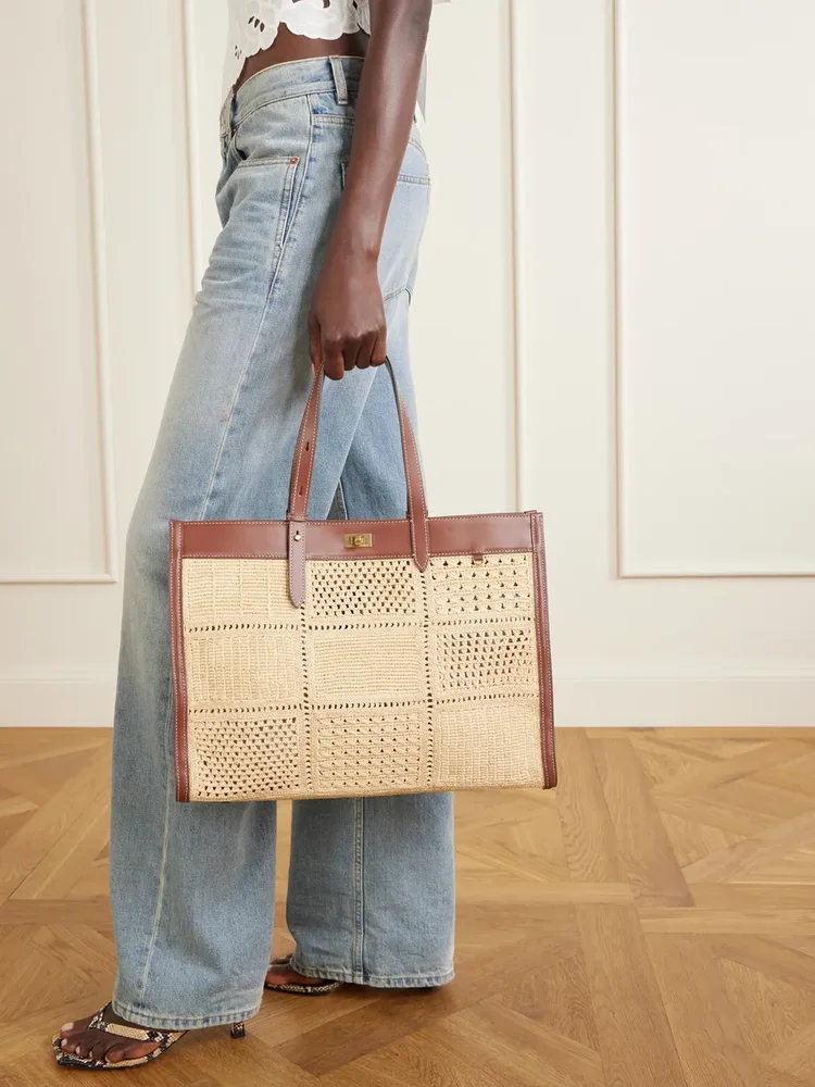 Mortimer leather-trimmed woven raffia tote
